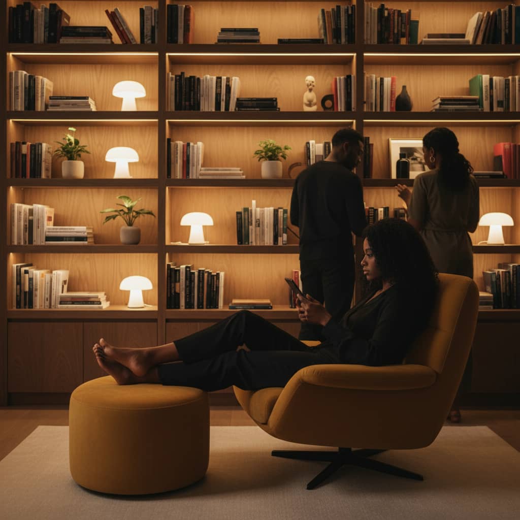 A cozy library lounge with soft lighting